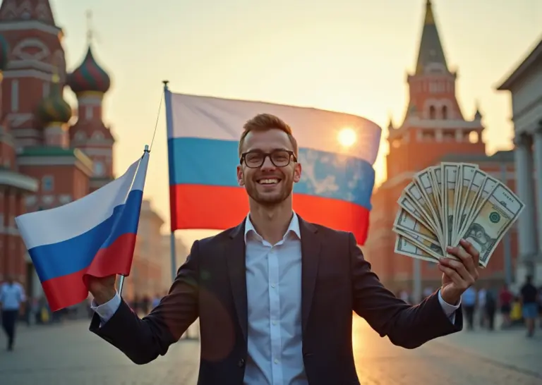 Молодой предприниматель с проектом на фоне символов государственной поддержки бизнеса в России