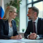 Наставник помогает начинающему предпринимателю в офисе на фоне символов государственной поддержки России