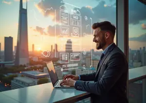 Современный городской пейзаж Москвы с элементами поддержки бизнеса — документы, налоги и предприниматель за ноутбуком