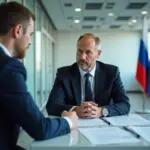 Предприниматель и эксперт по сертификации в центре стандартизации, документы и сертификаты на столе на фоне российского флага