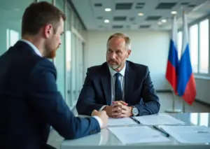 Предприниматель и эксперт по сертификации в центре стандартизации, документы и сертификаты на столе на фоне российского флага