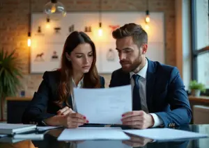 Деловые люди обсуждают выбор между ИП и самозанятостью с символами налогов и государственной поддержки на фоне