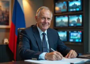 Предприниматель ветеран работает в офисе с документами о грантах и налоговых льготах в России