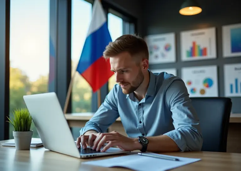 Индивидуальный предприниматель за работой с документами по УСН и налоговым льготам, на фоне - флаг России