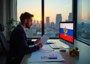 Индивидуальный предприниматель в офисе с документами по субсидиям и грантам на фоне символов финансовой поддержки