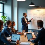 Предприниматели на бесплатном занятии в центре Мой Бизнес: ментор у доски, участники с ноутбуками и документами