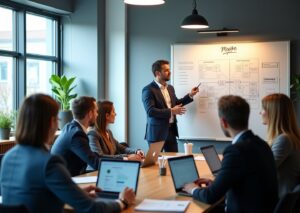 Предприниматели на бесплатном занятии в центре Мой Бизнес: ментор у доски, участники с ноутбуками и документами