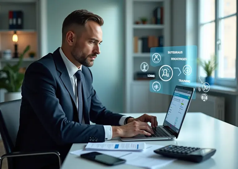 Предприниматель за ноутбуком работает с порталом МСП.РФ — документы, калькулятор и смартфон на столе