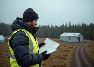 Предприниматель осматривает земельный гектар на фоне арктического и дальневосточного пейзажа, планшет с картой и модульная теплица на участке