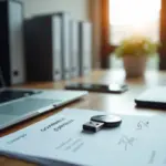 Рабочий стол ИП с ноутбуком, USB токеном КЭП, смартфоном и распечатанным договором