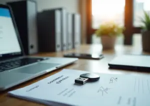 Рабочий стол ИП с ноутбуком, USB токеном КЭП, смартфоном и распечатанным договором