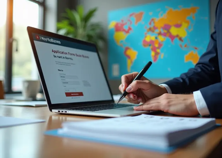 Предприниматель за ноутбуком заполняет заявку на региональную субсидию документы и карта региона на заднем плане