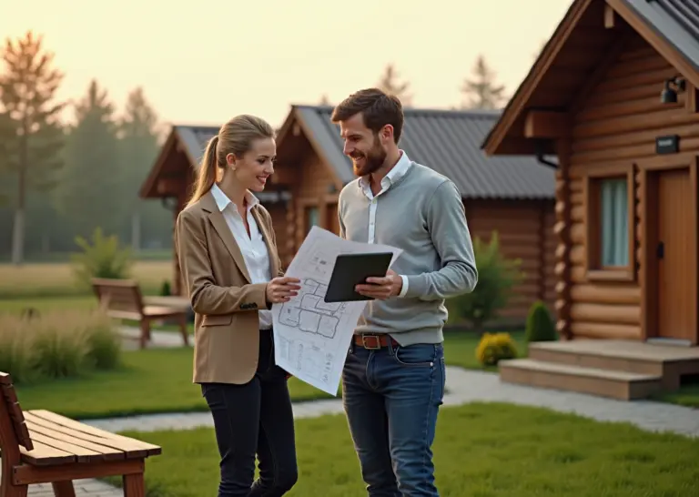 Раннее утро на агроусадьбе в России предприниматели обсуждают план развития рядом с гостевыми домиками и полями