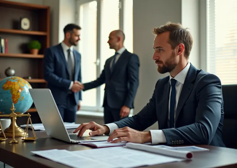 Предприниматель с ноутбуком, на экране порталы РЭЦ и список зарубежных партнёров; документы, печать и глобус на столе, рукопожатие и юридические весы на заднем плане