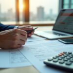 Предприниматель за ноутбуком с документами по грантам и субсидиям на фоне городского пейзажа — символ поддержки бизнеса в условиях санкций.