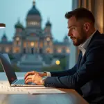 Предприниматель в инвалидной коляске за рабочим столом с документами «субсидия», «льготы», карта России на фоне