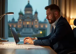 Предприниматель в инвалидной коляске за рабочим столом с документами «субсидия», «льготы», карта России на фоне