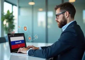 Предприниматель за ноутбуком, использующий портал Мой Бизнес для поиска программ поддержки в России