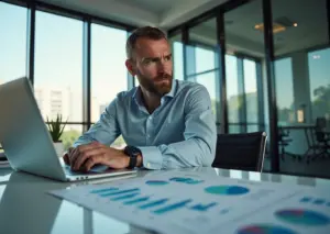 Российский предприниматель за компьютером с финансовыми документами и налоговыми формами