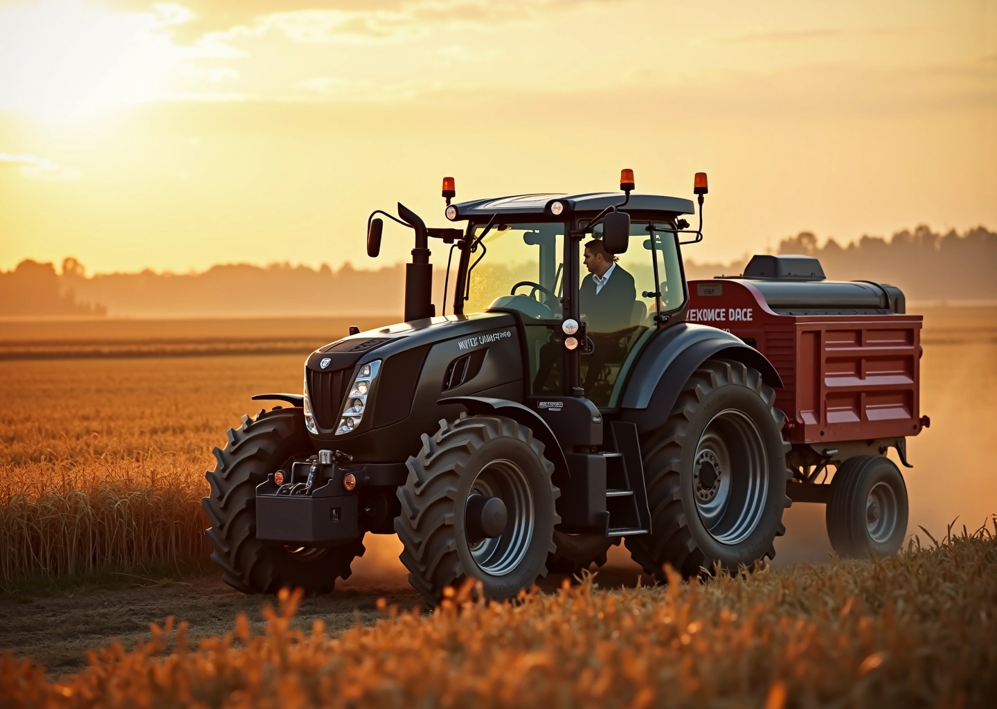 Современный сельскохозяйственный трактор и индивидуальный предприниматель на фоне большого поля в России