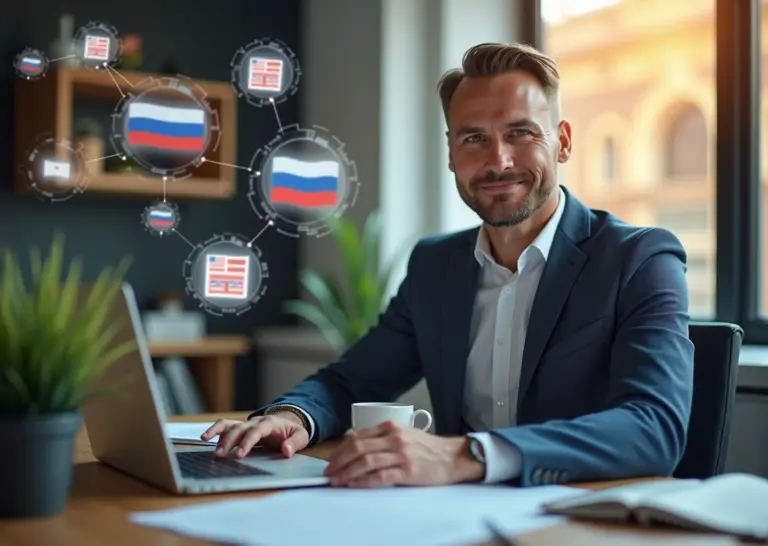 Индивидуальный предприниматель в современном офисе с документами и ноутбуком, символизирующий государственную поддержку, гранты, субсидии и налоговые послабления в России