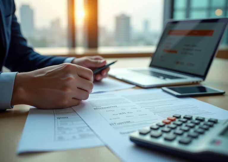 Предприниматель за ноутбуком с документами по грантам и субсидиям на фоне городского пейзажа — символ поддержки бизнеса в условиях санкций.