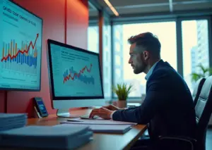 Индивидуальный предприниматель выбирает коды ОКВЭД в офисе с документами и государственной поддержкой на фоне российской символики