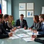 Деловые люди обсуждают законы поддержки малого бизнеса в офисе с российским флагом на заднем плане