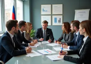 Деловые люди обсуждают законы поддержки малого бизнеса в офисе с российским флагом на заднем плане