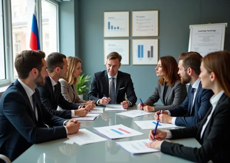 Деловые люди обсуждают законы поддержки малого бизнеса в офисе с российским флагом на заднем плане